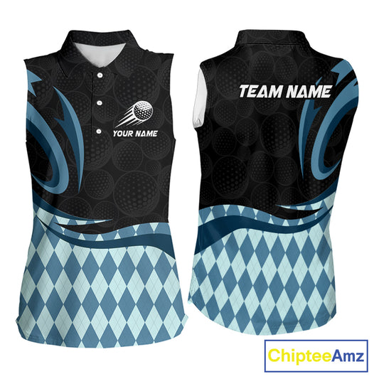 Personalized Womens Sleeveless Golf Polo Shirt Custom Name, Black Blue Argyle Golf Team Polo