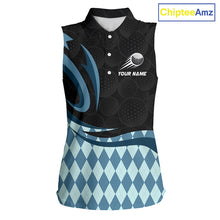 Load image into Gallery viewer, Personalized Womens Sleeveless Golf Polo Shirt Custom Name, Black Blue Argyle Golf Team Polo 