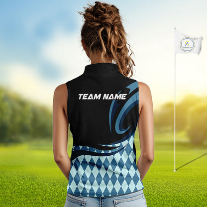 Personalized Womens Sleeveless Golf Polo Shirt Custom Name, Black Blue Argyle Golf Team Polo 