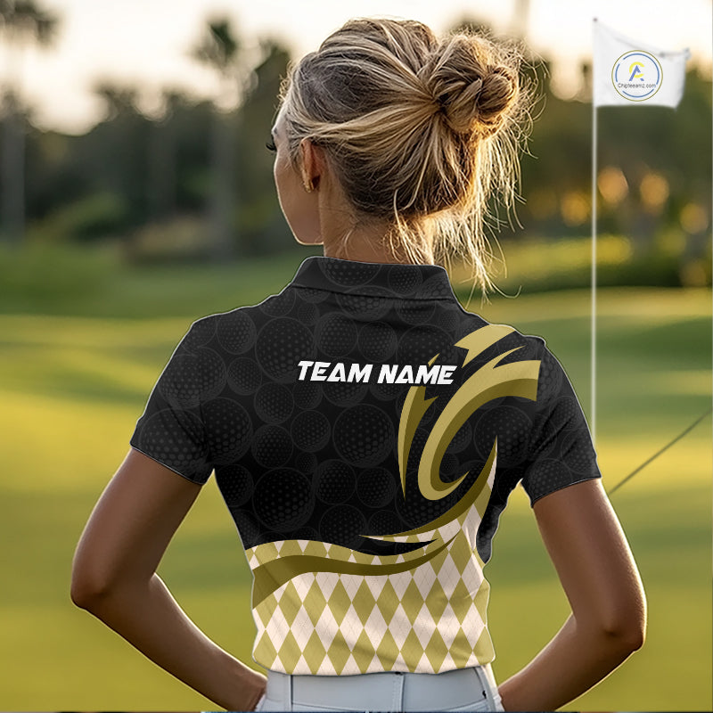 Personalized Womens Golf Polo Shirt Custom Name, Black Yellow Argyle Golf Team Polo 