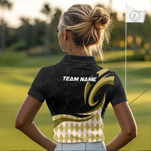 Load image into Gallery viewer, Personalized Womens Golf Polo Shirt Custom Name, Black Yellow Argyle Golf Team Polo 