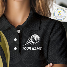 Load image into Gallery viewer, Personalized Womens Golf Polo Shirt Custom Name, Black Yellow Argyle Golf Team Polo NHT1076