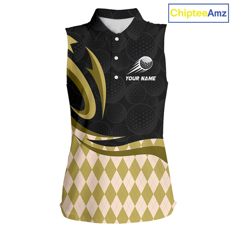 Personalized Womens Sleeveless Golf Polo Shirt Custom Name, Black Yellow Argyle Golf Team Polo 