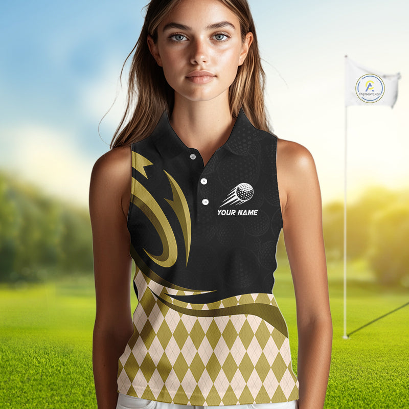 Personalized Womens Sleeveless Golf Polo Shirt Custom Name, Black Yellow Argyle Golf Team Polo 
