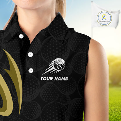 Personalized Womens Sleeveless Golf Polo Shirt Custom Name, Black Yellow Argyle Golf Team Polo NHT1076