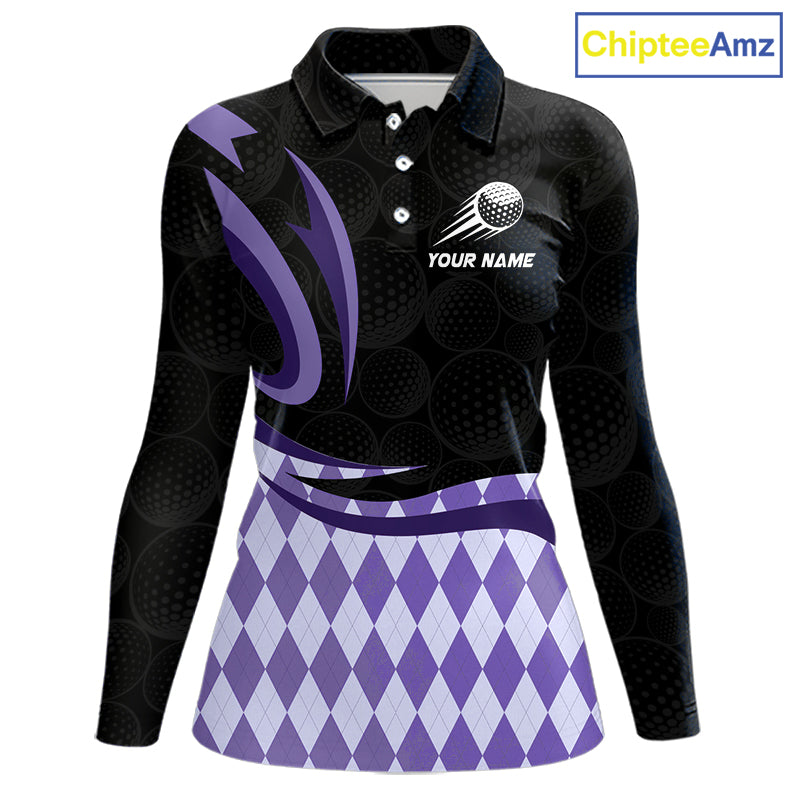 Personalized Womens Golf Polo Shirt Custom Name, Black Purple Argyle Golf Team Polo 
