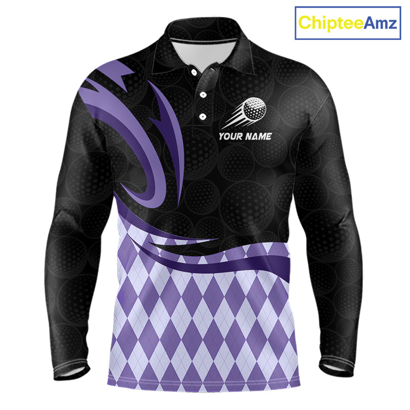 Personalized Mens Golf Polo Shirt Custom Name, Black Purple Argyle Golf Team Polo 