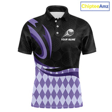 Load image into Gallery viewer, Personalized Mens Golf Polo Shirt Custom Name, Black Purple Argyle Golf Team Polo