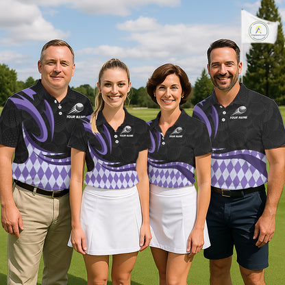 Personalized Mens Golf Polo Shirt Custom Name, Black Purple Argyle Golf Team Polo NHT1077