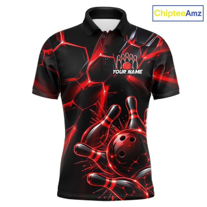 Men Red Glowing Lines Bowling Ball Jersey, Custom Team Name Bowling Polo Shirt NHT1539