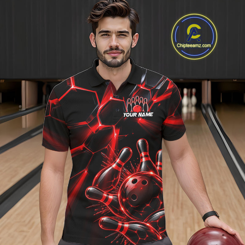 Men Red Glowing Lines Bowling Ball Jersey, Custom Team Name Bowling Polo Shirt NHT1539
