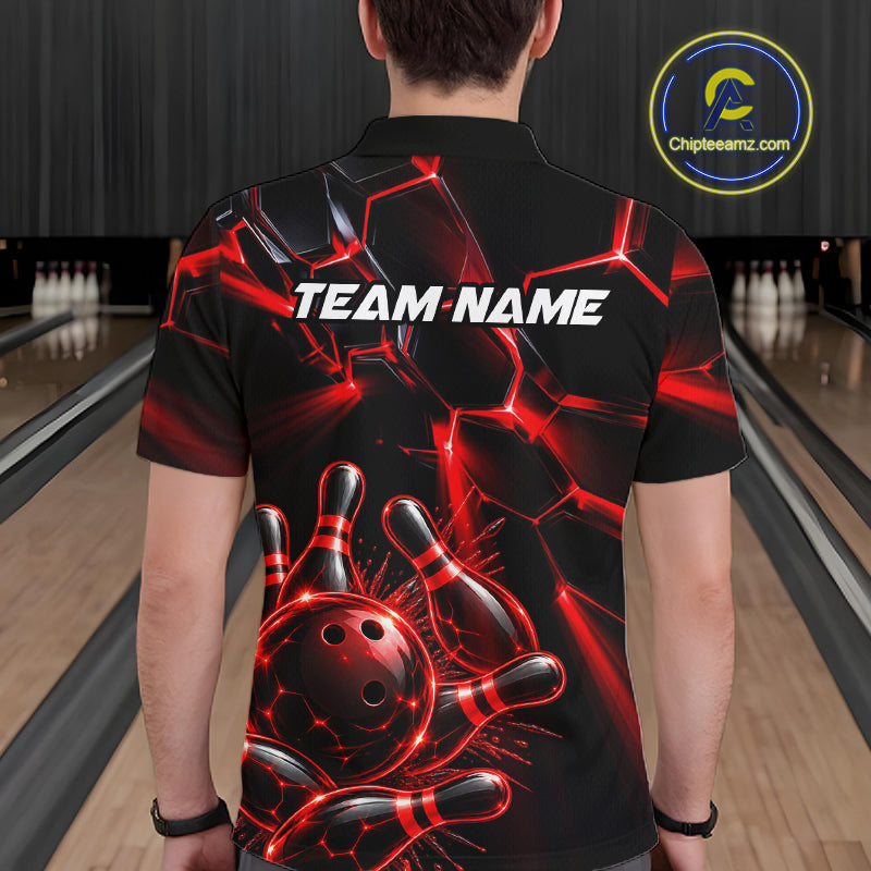 Men Red Glowing Lines Bowling Ball Jersey, Custom Team Name Bowling Polo Shirt NHT1539