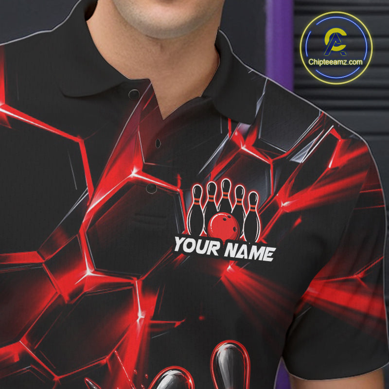 Men Red Glowing Lines Bowling Ball Jersey, Custom Team Name Bowling Polo Shirt NHT1539