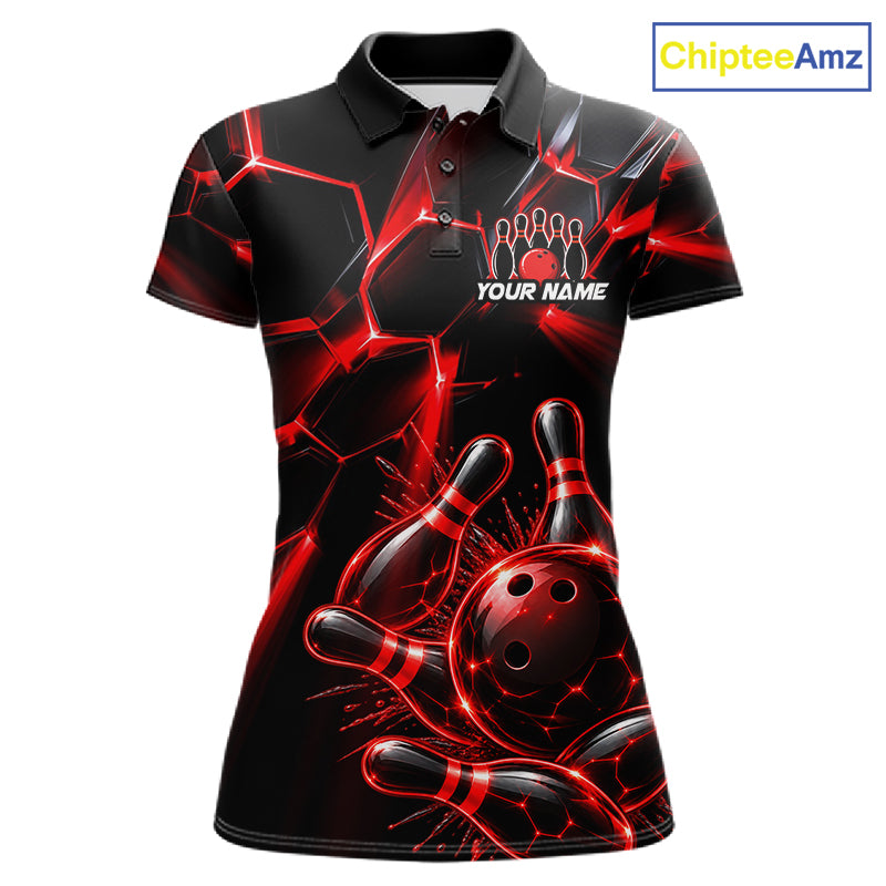 Women Red Glowing Lines Bowling Ball Jersey, Custom Team Name Bowling Polo Shirt NHT1539