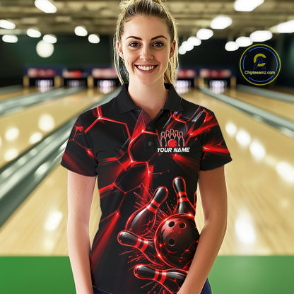 Women Red Glowing Lines Bowling Ball Jersey, Custom Team Name Bowling Polo Shirt NHT1539