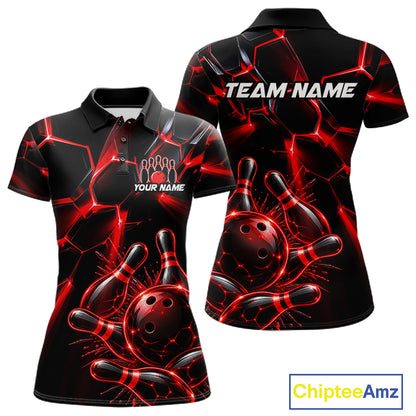 Women Red Glowing Lines Bowling Ball Jersey, Custom Team Name Bowling Polo Shirt NHT1539