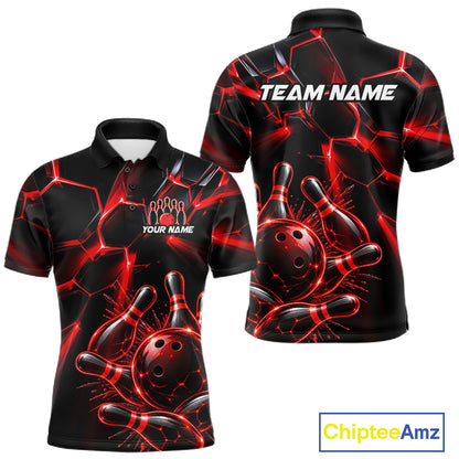 Men Red Glowing Lines Bowling Ball Jersey, Custom Team Name Bowling Polo Shirt NHT1539