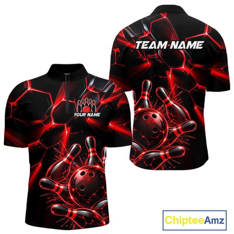 Men Red Glowing Lines Bowling Ball Jersey, Custom Team Name Bowling Polo Shirt NHT1539