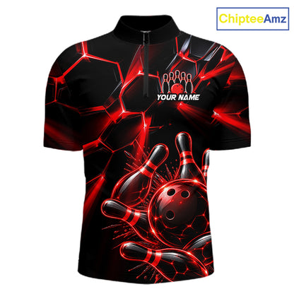 Men Red Glowing Lines Bowling Ball Jersey, Custom Team Name Bowling Polo Shirt NHT1539
