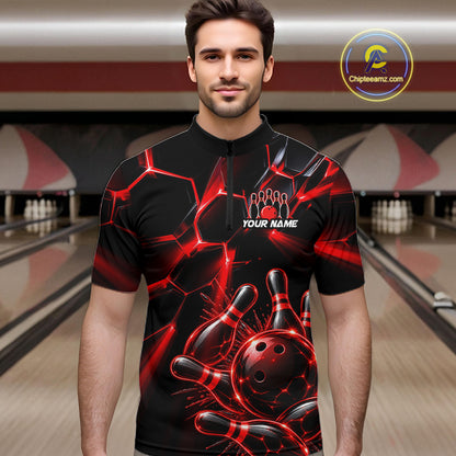 Men Red Glowing Lines Bowling Ball Jersey, Custom Team Name Bowling Polo Shirt NHT1539