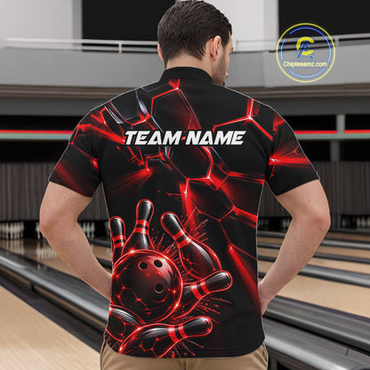 Men Red Glowing Lines Bowling Ball Jersey, Custom Team Name Bowling Polo Shirt NHT1539
