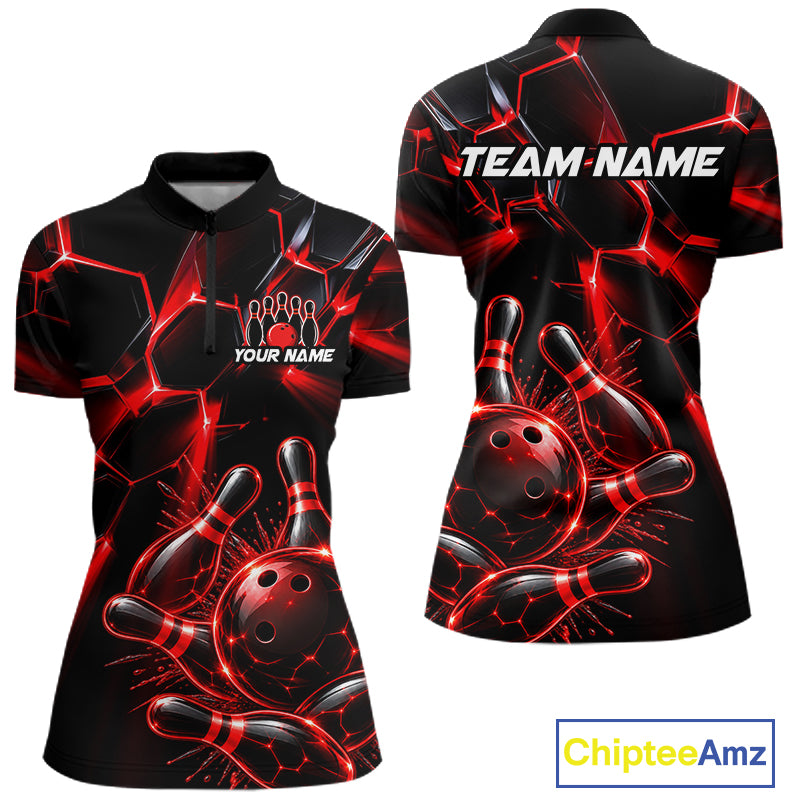 Women Red Glowing Lines Bowling Ball Jersey, Custom Team Name Bowling Polo Shirt NHT1539