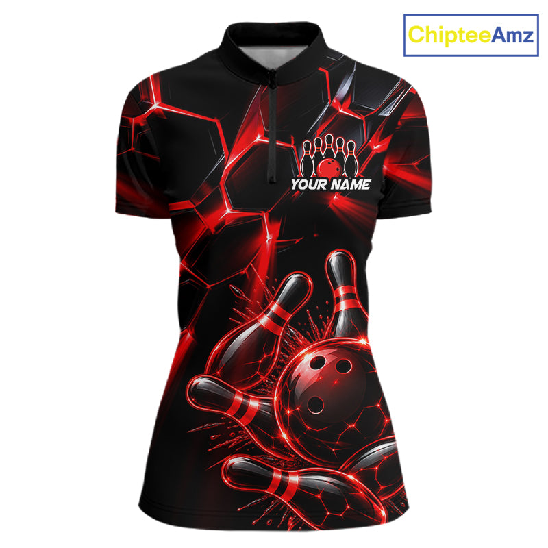 Women Red Glowing Lines Bowling Ball Jersey, Custom Team Name Bowling Polo Shirt NHT1539