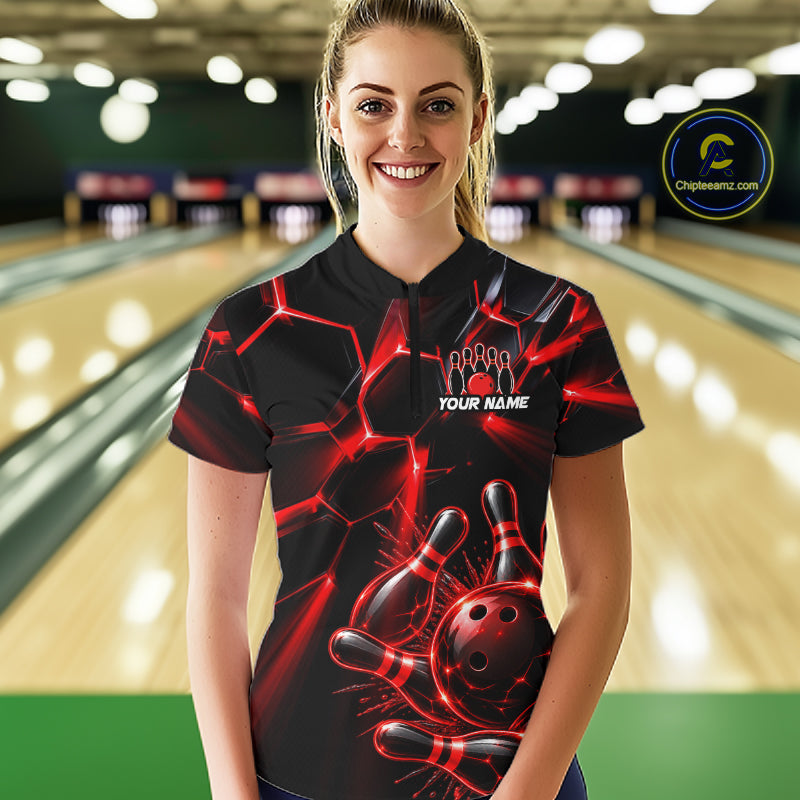 Women Red Glowing Lines Bowling Ball Jersey, Custom Team Name Bowling Polo Shirt NHT1539