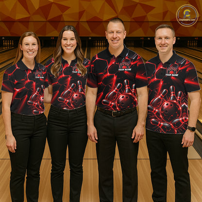 Men Red Glowing Lines Bowling Ball Jersey, Custom Team Name Bowling Polo Shirt NHT1539
