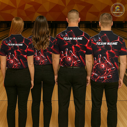Men Red Glowing Lines Bowling Ball Jersey, Custom Team Name Bowling Polo Shirt NHT1539