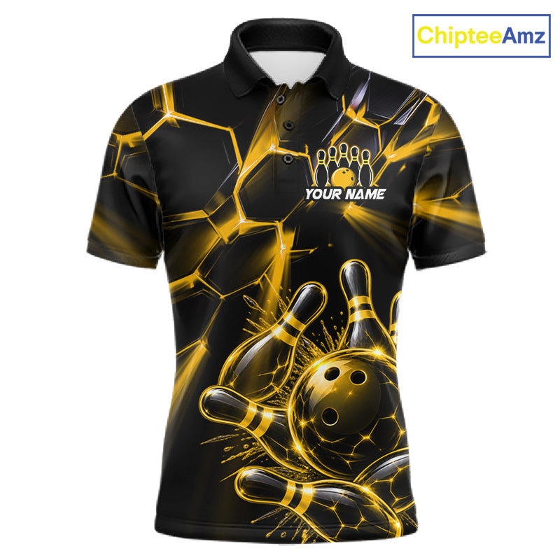 Men Yellow Glowing Lines Bowling Ball Jersey, Custom Team Name Bowling Polo Shirt NHT1540