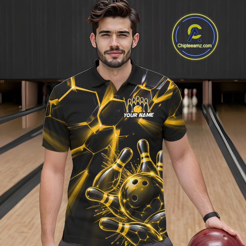 Men Yellow Glowing Lines Bowling Ball Jersey, Custom Team Name Bowling Polo Shirt NHT1540