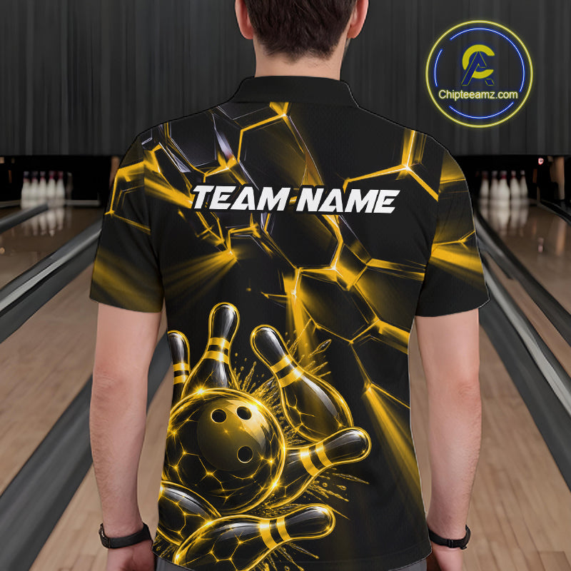 Men Yellow Glowing Lines Bowling Ball Jersey, Custom Team Name Bowling Polo Shirt NHT1540