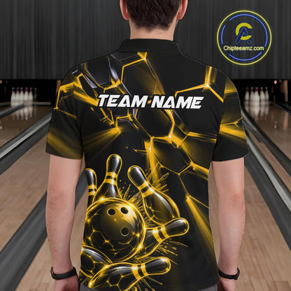 Men Yellow Glowing Lines Bowling Ball Jersey, Custom Team Name Bowling Polo Shirt NHT1540