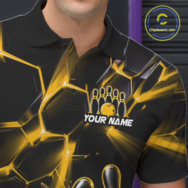 Men Yellow Glowing Lines Bowling Ball Jersey, Custom Team Name Bowling Polo Shirt NHT1540