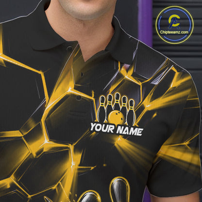 Men Yellow Glowing Lines Bowling Ball Jersey, Custom Team Name Bowling Polo Shirt NHT1540