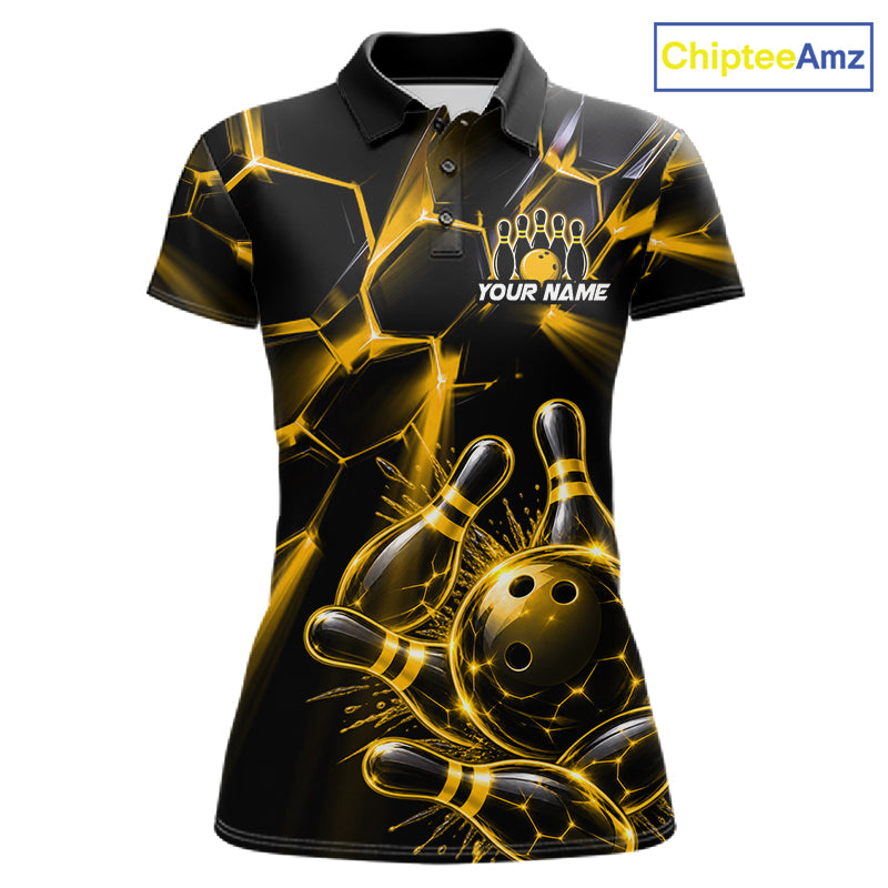 Women Yellow Glowing Lines Bowling Ball Jersey, Custom Team Name Bowling Polo Shirt NHT1540