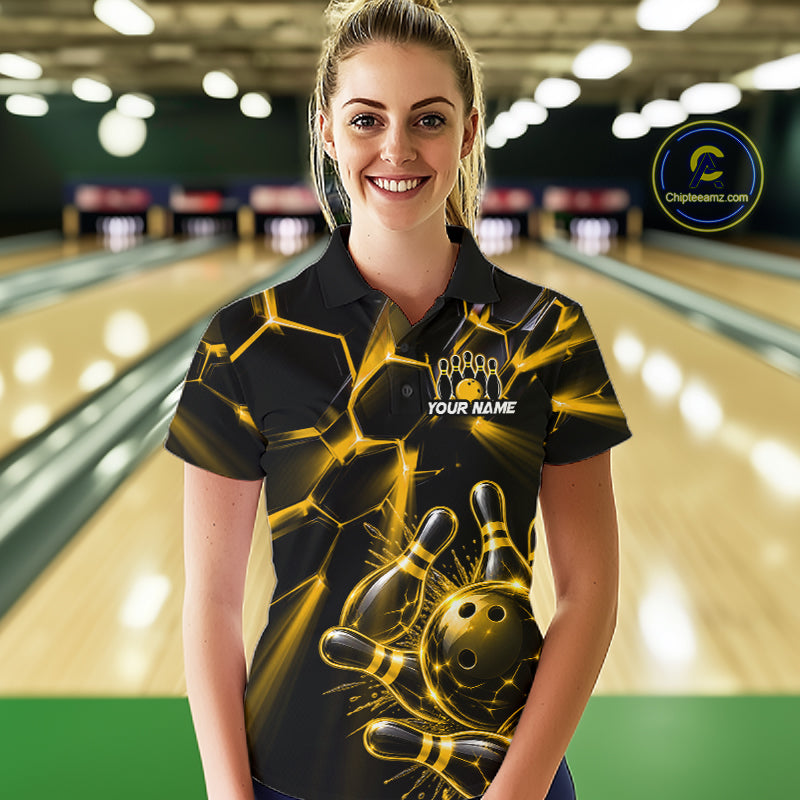 Women Yellow Glowing Lines Bowling Ball Jersey, Custom Team Name Bowling Polo Shirt NHT1540