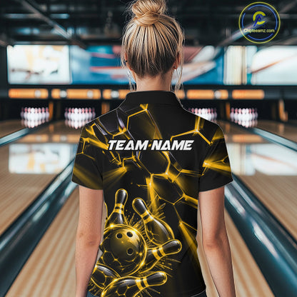 Women Yellow Glowing Lines Bowling Ball Jersey, Custom Team Name Bowling Polo Shirt NHT1540