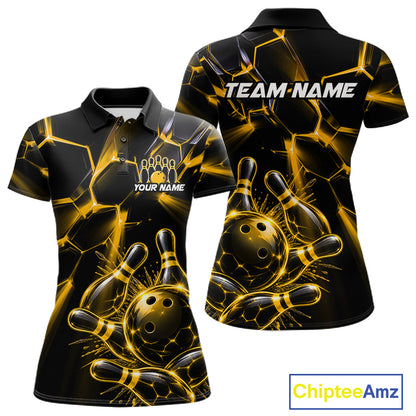 Women Yellow Glowing Lines Bowling Ball Jersey, Custom Team Name Bowling Polo Shirt NHT1540