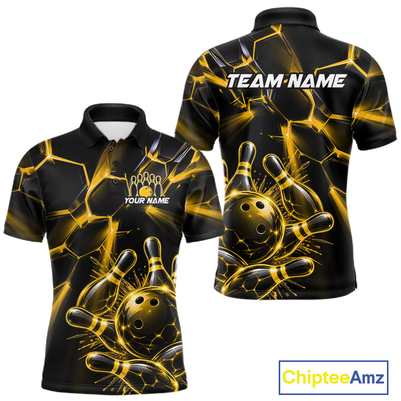 Men Yellow Glowing Lines Bowling Ball Jersey, Custom Team Name Bowling Polo Shirt NHT1540