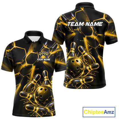 Men Yellow Glowing Lines Bowling Ball Jersey, Custom Team Name Bowling Polo Shirt NHT1540