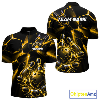 Men Yellow Glowing Lines Bowling Ball Jersey, Custom Team Name Bowling Polo Shirt NHT1540