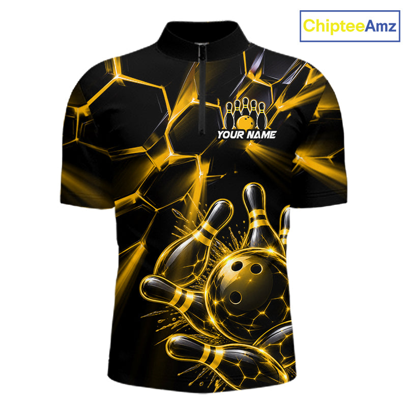 Men Yellow Glowing Lines Bowling Ball Jersey, Custom Team Name Bowling Polo Shirt NHT1540