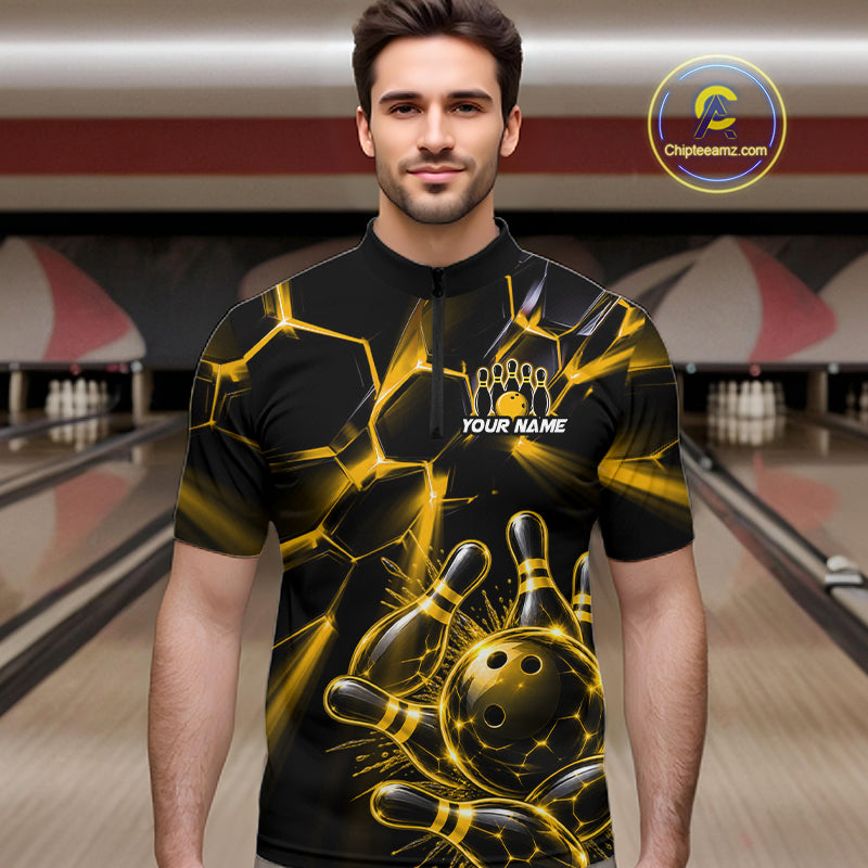 Men Yellow Glowing Lines Bowling Ball Jersey, Custom Team Name Bowling Polo Shirt NHT1540
