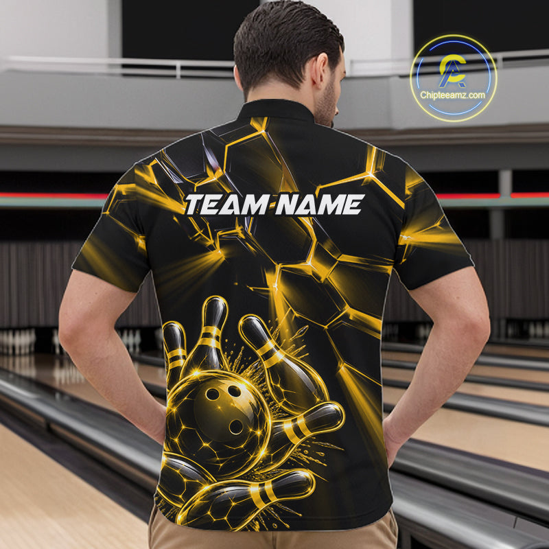 Men Yellow Glowing Lines Bowling Ball Jersey, Custom Team Name Bowling Polo Shirt NHT1540