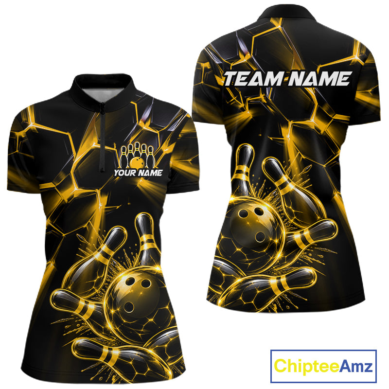 Women Yellow Glowing Lines Bowling Ball Jersey, Custom Team Name Bowling Polo Shirt NHT1540