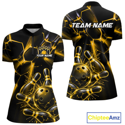 Women Yellow Glowing Lines Bowling Ball Jersey, Custom Team Name Bowling Polo Shirt NHT1540