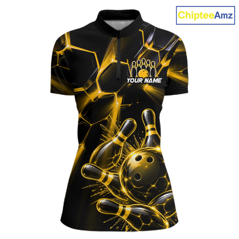 Women Yellow Glowing Lines Bowling Ball Jersey, Custom Team Name Bowling Polo Shirt NHT1540