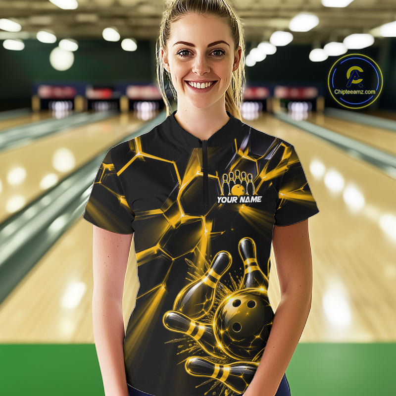 Women Yellow Glowing Lines Bowling Ball Jersey, Custom Team Name Bowling Polo Shirt NHT1540